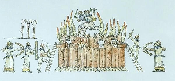 Iran, Hasanlu, Reconstructed attack and fire of Assyrian palace, illustration