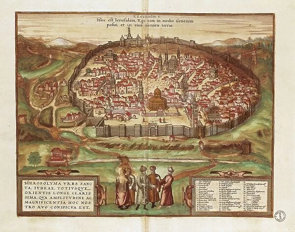 Israel and Palestine, City of Jerusalem, by Georg Braun and Franz Hogenberg, from Civitates Orbis Terrarum, colour engraving