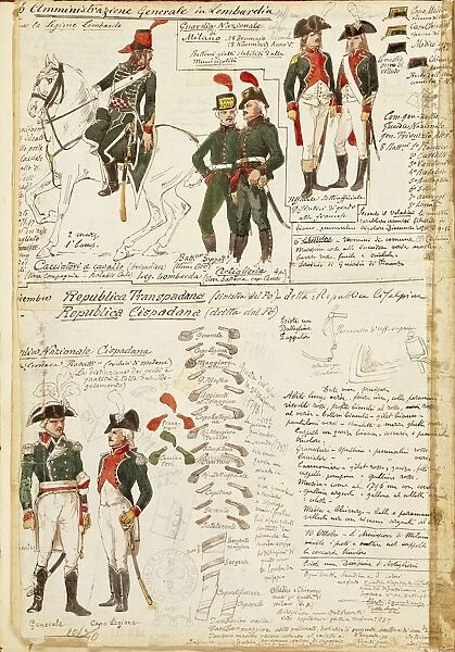 Italian military uniforms at the time of Napoleon government in Lombardy. Color plate by Cenni Quinto