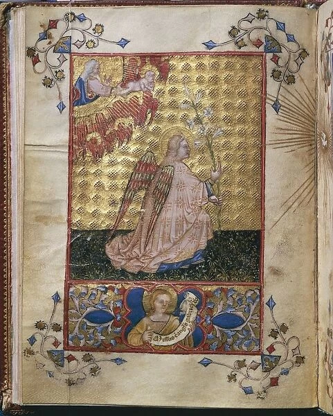 Italy, Annunciation: the Angel with a lily, miniature by Giovanni di Benedetto da Como, from Officium Beatae Mariae Virginis by Alberto de Porcelis, 1383