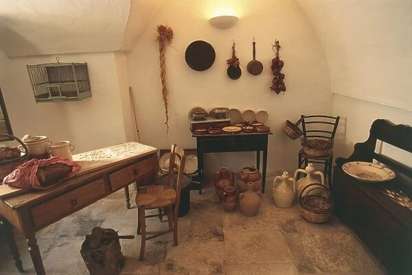 Italy, Apulia Region, Murge Plateau, Trullo Sovrano, Interior of kitchen