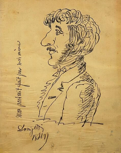 Italy, Bergamo, Self-caricature of Italian composer Gaetano Donizetti, Pen drawing