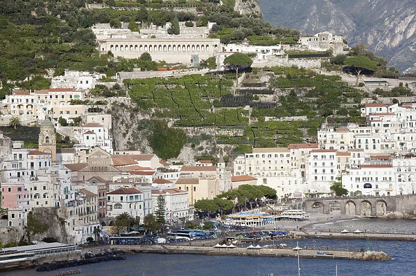 Italy, Campania, Amalfi, town built on cliffs at foot of Monte Cerreto and harbour