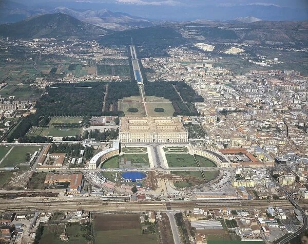 Italy, Campania Region, Province of Caserta, Caserta, Royal Palace and Park, aerial view