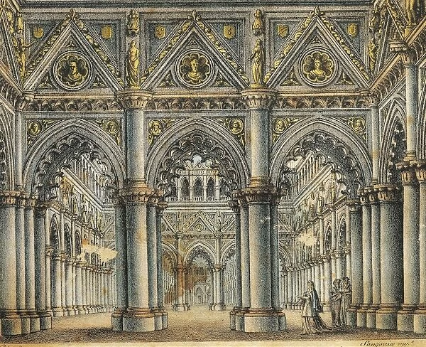 Italy, Catania, hall in Capellios Palace, set design for opera I Capuleti e i Montecchi (Capulets and tMontagues) by Vincenzo Bellini (1801 - 1835)