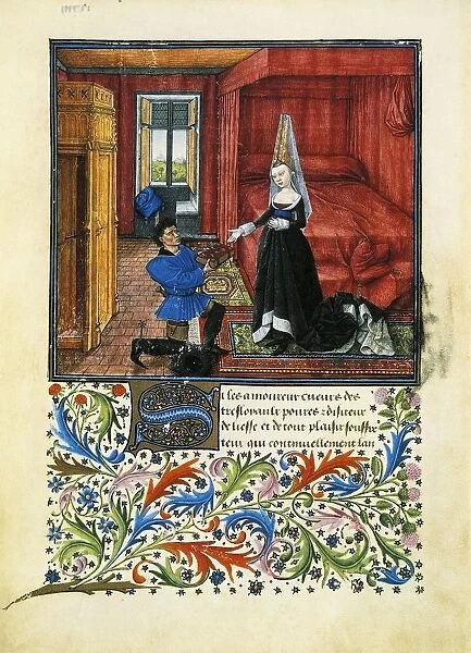 Italy, Dedication to a Lady, miniature from a French manuscript of the Book of Theseus (also known as Theseid of the Nuptials of Emilia, Teseida delle nozze d Emilia, 1339-41) by Giovanni Boccaccio (1313-1375)