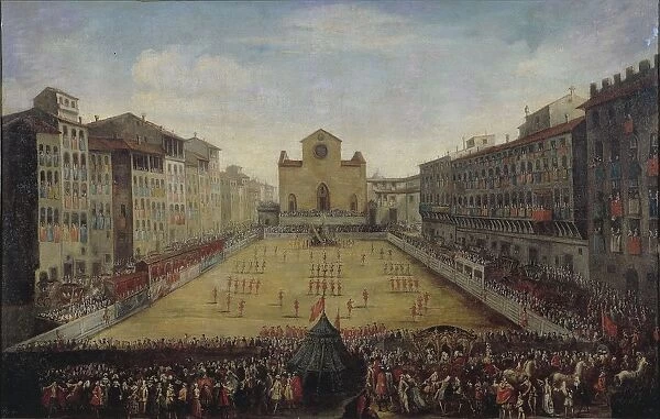 Italy, Florence, Piazza Santa Croce with Florentine football game or costume football game in 1739, painting