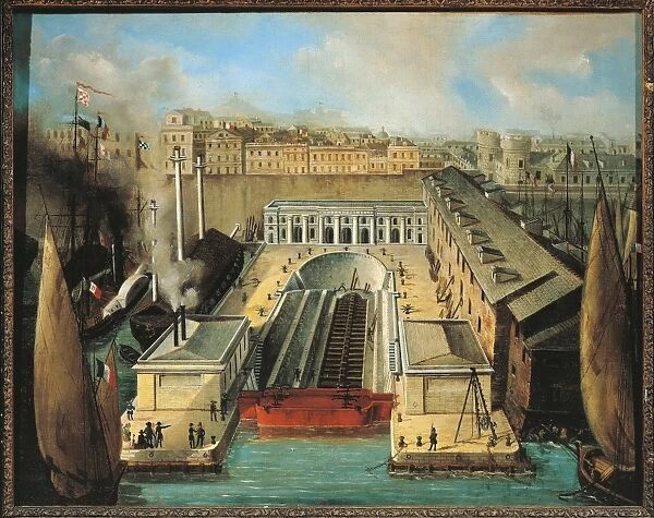 Italy, Genoa, View of the Darsena Basin, oil on canvas, 20th century