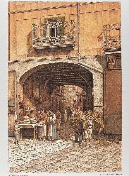 Italy, A glimpse of Naples, lithograph by Francesco Aversano from Old Naples by Raffaele D Ambra, 1889