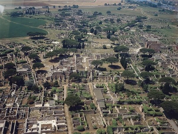 Italy, Latium Region, Ostia Antica, aerial view of Roman excavations