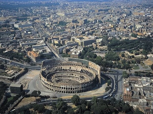 Italy, Latium region, Rome. Aerial view of Colosseum or Flavian Amphitheater