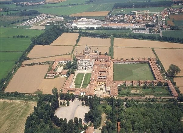 Italy, Lombardy Region, Aerial view of Certosa di Pavia (Charterhouse of Pavia)