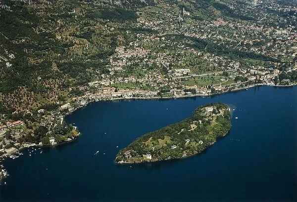 Italy, Lombardy Region, Lake Como or Lario with Comacina Island, aerial view