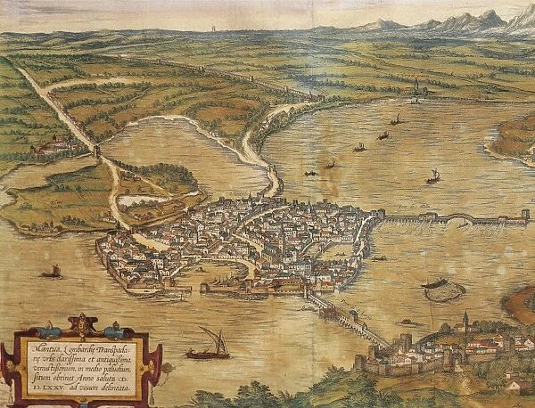 Italy, Mantua, View of the city, color engraving from Civitates Orbis Terrarum by Georg Braun (1541-1622) and Franz Hogenberg (1535-1590)