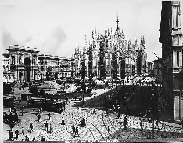 Italy, Milan, Duomo Square, people and trams, 20th century