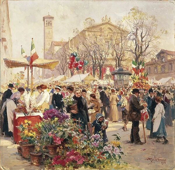 Italy, Milan, Flower Show in Piazza Sant Angelo, by Achille Beltrame, Painting