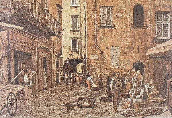 Italy, Naples, Piazzetta di Porto by Matteo Zampella, lithograph, 19th century