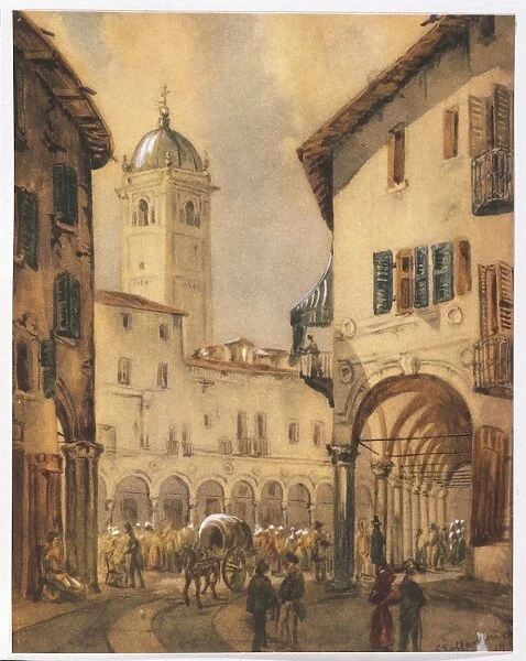 Italy, Novara, Piazza delle Erbe (Market Square) by Steffanoni, colored engraving
