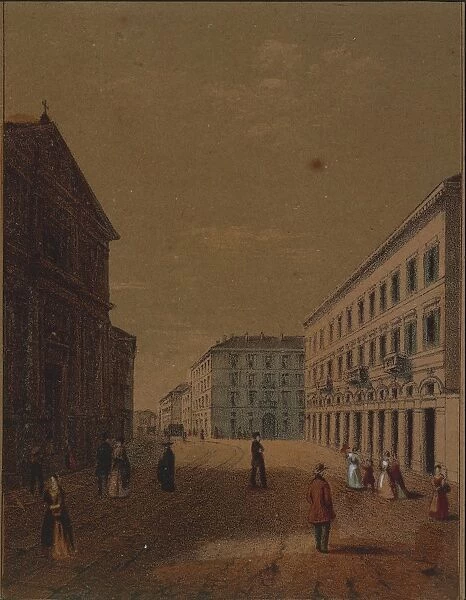 Italy, Novara, Piazza Statuto (today Piazza Gramsci) from Views of city of Novara, colored engraving