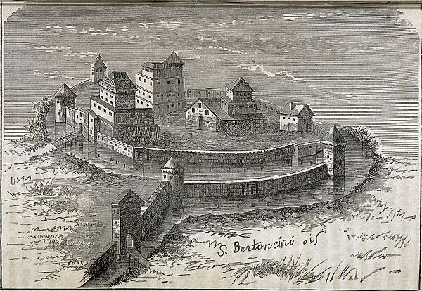 Italy, Novara, Sforzesco Castle,s Bertoncini (drawing) and Colombo (engraving) from Monograph on Novara