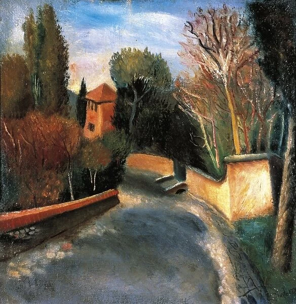 Italy, painting of The street with a red house