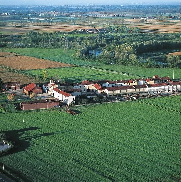 Italy, Piedmont Region, Aerial view of farm near rice fields