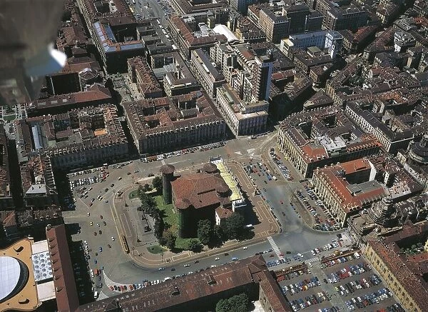 Italy, Piedmont Region, Turin, Aerial view of Savoy royal city residence Madama Palace