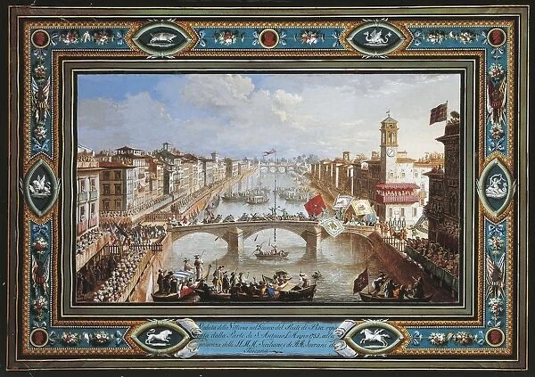 Italy, Pisa, celebrations for victory in Gioco del Ponte (the Bridge Game), by Giuseppe Terreni, 1785, illustration