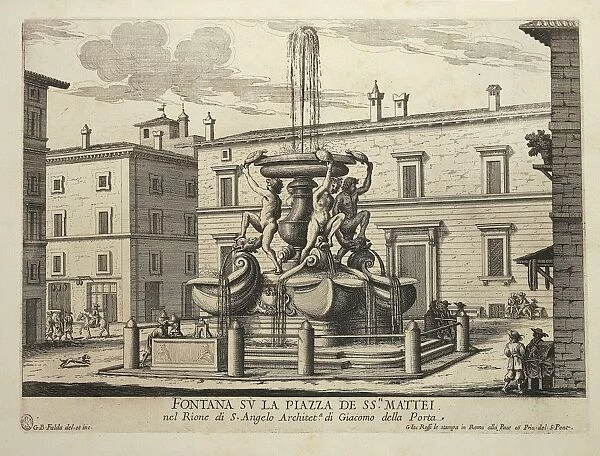 Italy, Rome, Sant Angelo district, Turtle Fountain in Mattei Square (architect Giacomo della Porta) by Giovan Battista Falda, engraving