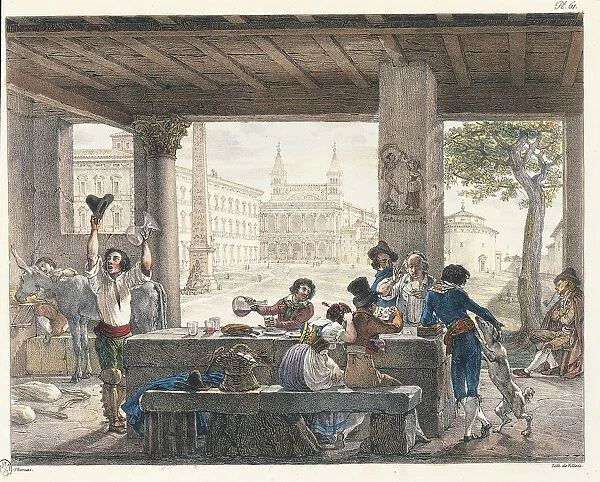 Italy, Rome, Scene in Roman tavern, 1820, Polychrome print