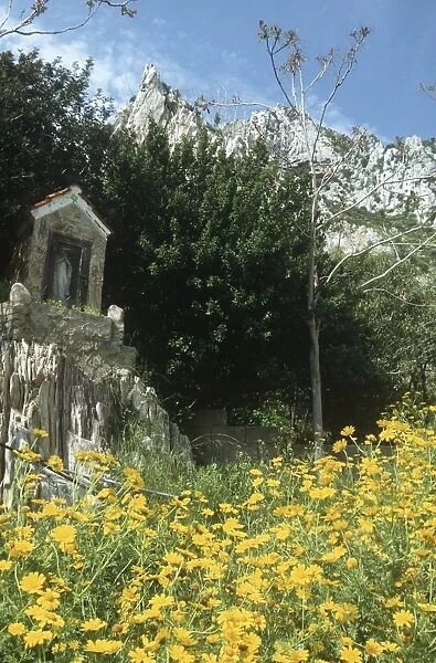 Italy, Sardinia Region, Carbonia-Iglesias province, Surroundings of Masua, Votive aedicule in flowery meadow