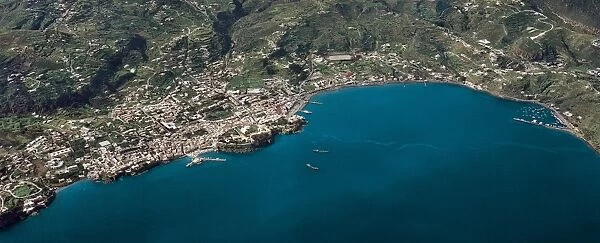 Italy, Sicily Region, Aeolian island (Lipari Islands), Lipari Island, Canneto and Monte Pilato, aerial view