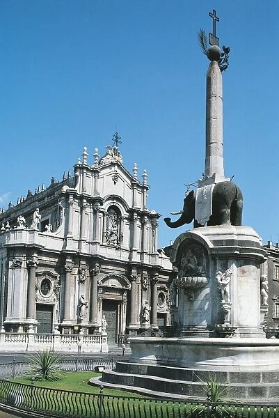 Italy, Sicily Region, Catania Province, Catania, Catania Cathedral and Elephant Back sculpture