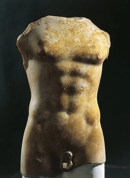 Italy, Sicily, Terravecchia di Grammichele, Statue representing a Kouros (male youth), marble