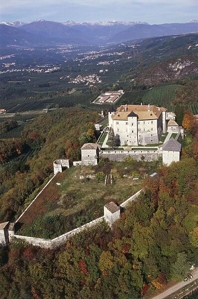 Italy, Trentino-Alto Adige Region, Province of Trento, Aerial view of Cles Castle in Val di Non