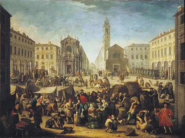 Italy, Turin, market in Piazza San Carlo with twin Cchurches St. Christina and St. Charles in background by Giovanni Michele Granieri