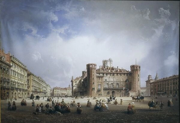 Italy, Turin, Piazza Castello with Palazzo Madama by Carlo Bossoli, tempera on paper, 1852