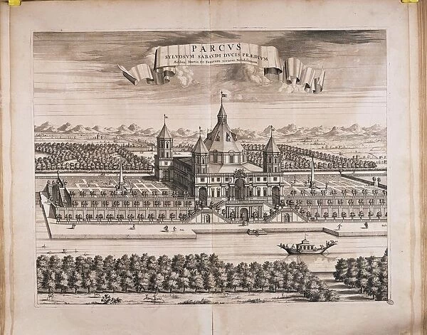 Italy, Turin, Royal Park, Castle (destroyed in 1706) by anonymous artist, engraving from drawing by Morello from Theatrum Sabaudiae, 1682