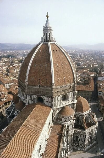 Italy, Tuscany Region, Florence, Aerial view of Santa Maria del Fiore Cathedral with dome by Brunelleschi
