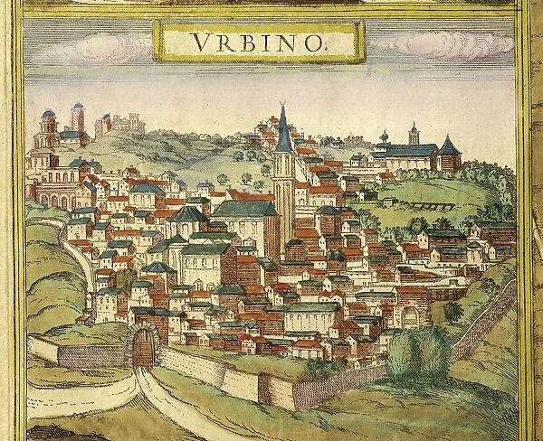Italy, Urbino, View of the city, color engraving from Civitates Orbis Terrarum by Georg Braun (1541-1622) and Franz Hogenberg (1535-1590)