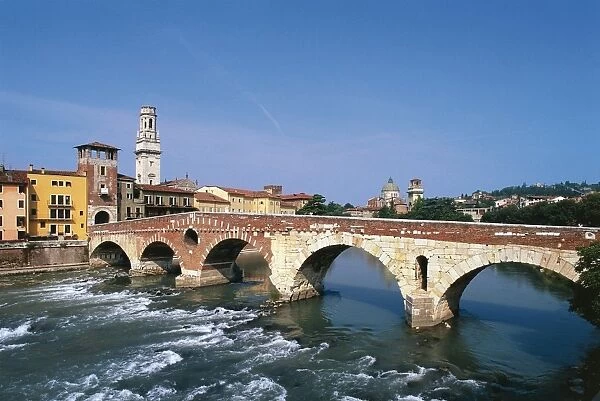 Italy, Veneto, Verona, Ponte di pietra on River Adige
