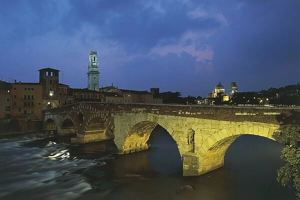 Italy, Veneto, Verona, Ponte di pietra on River Adige