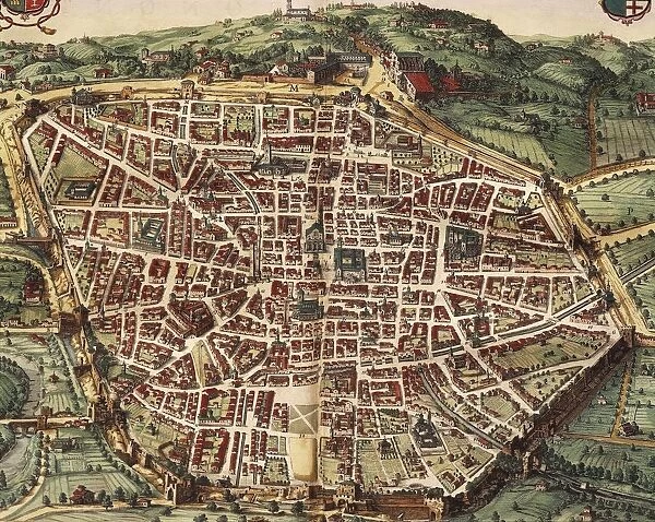 Italy, Venice, Map of Bologna in 1600, engraving from Theatrum Civitatum et Admirandorum Italiae by Jean Blaeu, Amsterdam, 1663