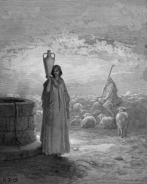 Jacob, keeping Labans flocks, sees Rachel at the well. Genesis 29. From Gustave
