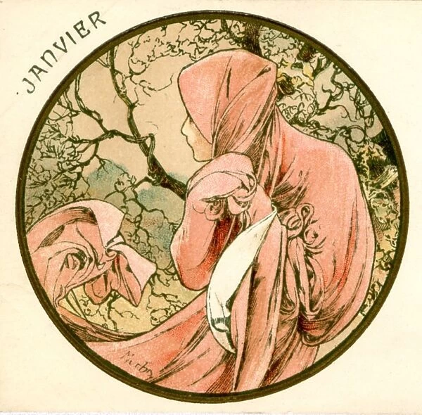 January. Lady in pink hooded cape, Artist Alphonse Mucha, Art Nouveau