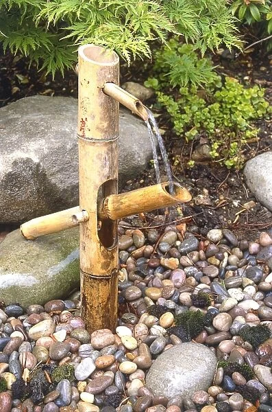 Japanese-style water fountain (shishi odoshi) made from bamboo