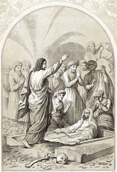 Jesus raising Lazarus from the tomb. Wood engraving c1880