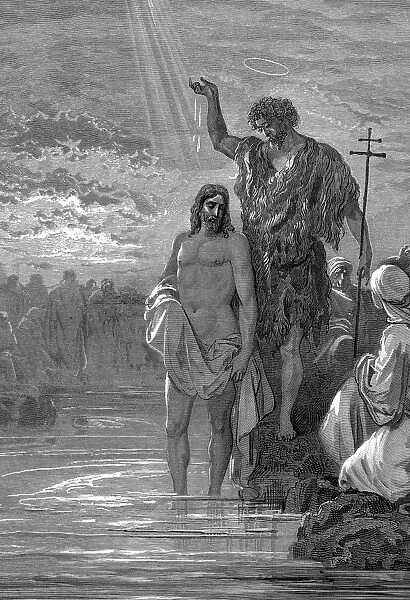 John the Baptist, wearing an animal skin, baptising Jesus. Bible: Matthew III. 15