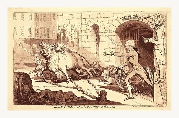 John Bull, Baited By The Dogs Of Excise, En Sanguine Engraving 1790