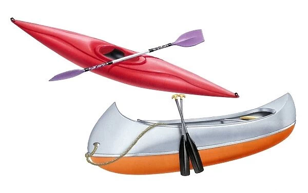 Kayak and Canadian canoe with paddles